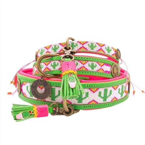 Dog with a Mission - Hundehalsband L | Farbenfroh Grün, Rosa mit Perlen | Hübsch, Boho, Ethno, Ibiza, Hippie | Große Hunde | Handgemacht | Modisch und Bunt | Aus weichem Echtes Leder | 4 cm Breit