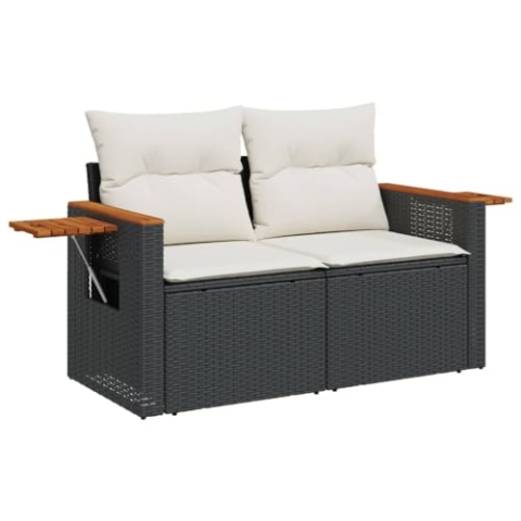 vidaXL Gartensofa mit Kissen 2-Sitzer, Sofa mit klappbaren Ablagen, Terrassensofa mit abnehmbarem waschbarem Bezug, Gartenmöbel Terrassenmöbel, Schwarz Poly Rattan