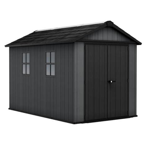 Keter Newton 7511 Gartenhaus aus Kunststoff mit Tür und 2 Fenstern, 14m³ Stauraum, 350x230x246 cm, Grau, Gerätehaus, Geräteschuppen