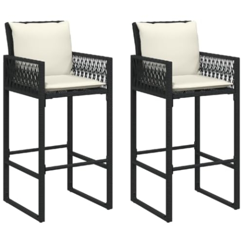 vidaXL Garten Barhocker 2 STK., Barstuhl mit Kissen Stahlrahmen, Gartenstuhl mit Armlehnen, Tresenhocker Bistrohocker Tresenstuhl, Schwarz Poly Rattan