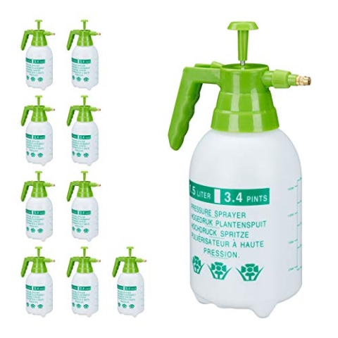 Relaxdays 10 x Drucksprüher, 1,5 Liter, einstellbare Messingdüse, Garten, Bewässerung, Schädlingsbekämpfung, PE, weiß/grün