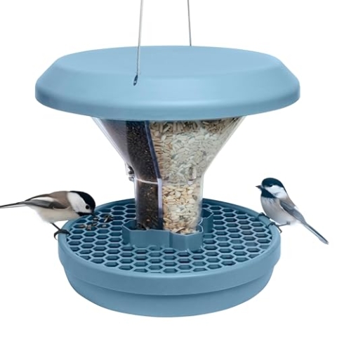 SWISSINNO Vogelfutterhaus zum Aufhängen – Davos SMART Birds - Vogelfutterspender mit Auffangschale - Futterstation für Vögel - Futtersilo Rattensicher - Vogelhaus für Garten & Balkon - Hellblau