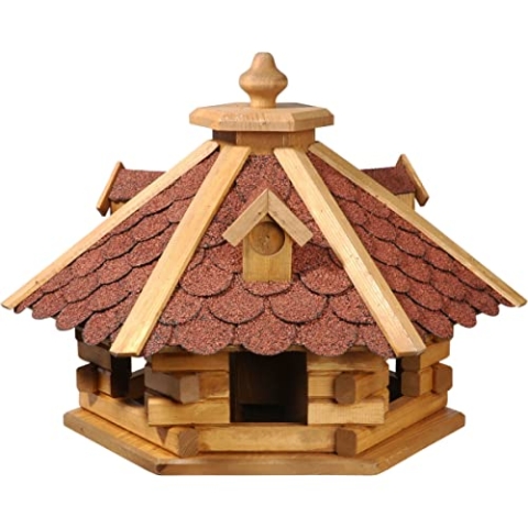 dobar® 98710e Vogelfutterhaus Bitumenschindeldach 6-eckig - Vogelhaus aus Massivholz - Vogelfutterstation mit Futtersilo - 6-eckige Vogelvilla - 51 x 45 x 37 cm - Rot