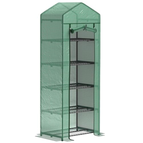 Outsunny Gewächshaus mit Rolltür, Regale, Winterfest Foliengewächshaus aus Stahl, Treibhaus für Balkon, Garten, Tomatenhaus 69 x 49 x 193 cm, Tomatengewächshaus für Tomaten, Blumen, Grün