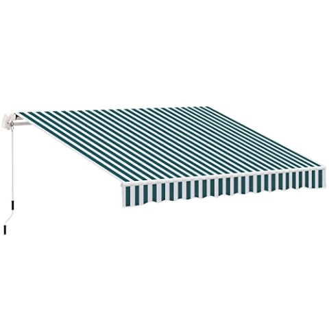 Outsunny manuelle Gelenkarmmarkise Markise 3,95m mit Handkurbel Balkonmarkise Sonnenschutz Wandmontage Balkon Alu Weiß+Grün 395 x 245 cm