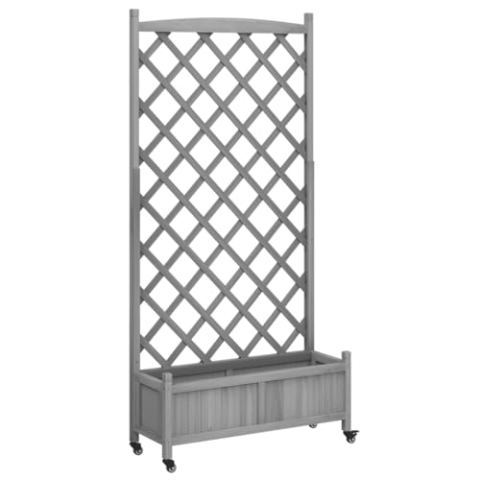 vidaXL Pflanzkübel mit Rankgitter Rollen, Blumenkasten mit Spalier, Pflanzgefäß für Terrasse Garten, Pflanzkasten, Grau Massivholz Tanne