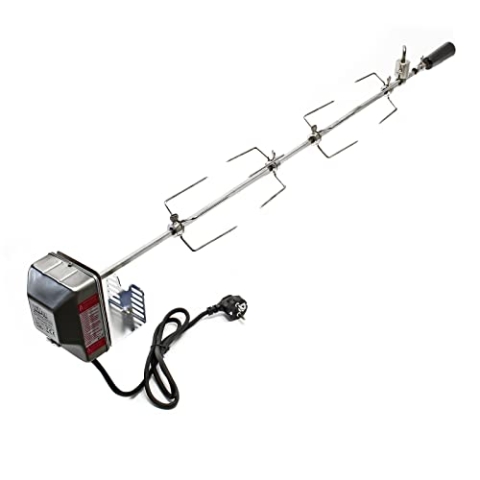 Wiltec BBQ Grillspieß 110cm 230V aus Edelstahl, inkl. 4 Fleischklammern, inkl Ausgleichsgewicht
