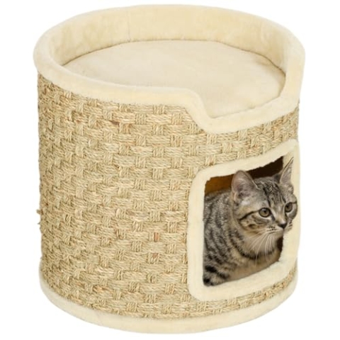 PawHut Kratztonne, 37 cm Hoch Katzentonne, Katzenhöhle mit Tür, Katzenhaus, Kratzbaum mit 2 Ebene, Katzenturm, Katzenbett aus Sisal, für Katze bis 5 kg, Khaki