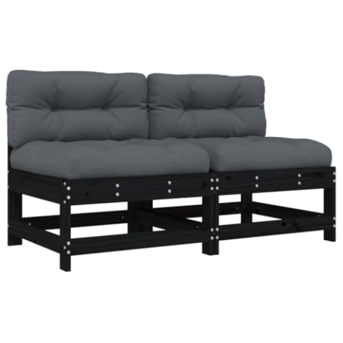 vidaXL Mittelsofa 2 STK., Gartensofa mit Kissen Latten-Design, Modular Sofa Garnitur für Garten Terrasse, Gartenmöbel Sitzgruppe Loungemöbel, Schwarz Massivholz Kiefer