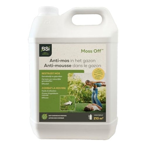 BSI - Natürlicher Moosentferner Moss Off für den Rasen, 5 l, schnelle Wirkung auf Algenflechten, deckt 210 m² Fläche ab