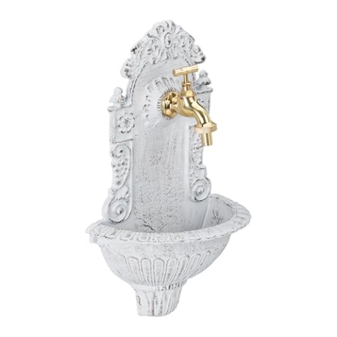 Relaxdays Wandbrunnen antik, mit Wasserhahn, nostalgisch, Waschbecken Garten, Aluguss, H x B x T 40 x 24,5 x 13 cm, weiß