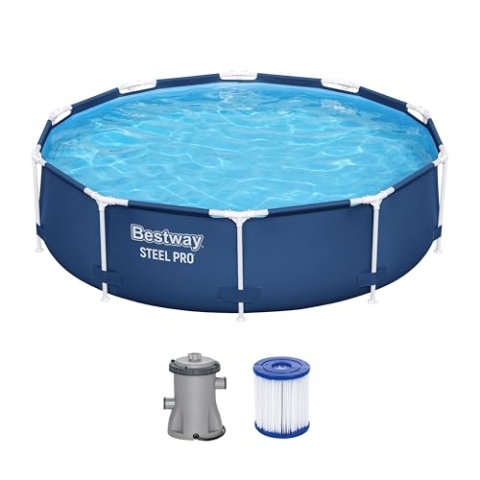 Bestway Steel Pro Frame Pool Set mit Filterpumpe Ø 305 x 76 cm, dunkelblau, rund