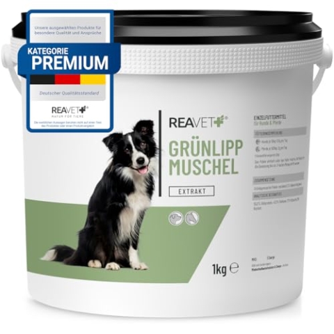 ReaVET Grünlippmuschel Extrakt Pulver 1kg für Hunde & Pferde I Grünlippmuschelpulver Hund, Grünlippmuschelextrakt hochdosiert I nach behandelter Arthrose, Arthritis - Barf Futterzusatz