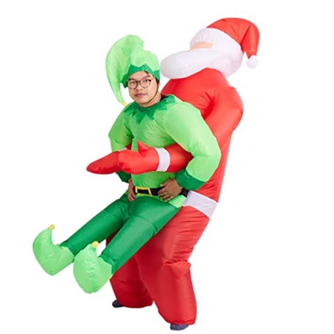 THE TWIDDLERS Weihnachtsmann-Huckepack-Kostüm, Aufblasbarer Weihnachsmann trägt Elf, Lustige Weihnachtskleidung mit Ventilator für Erwachsene bis 2 Meter