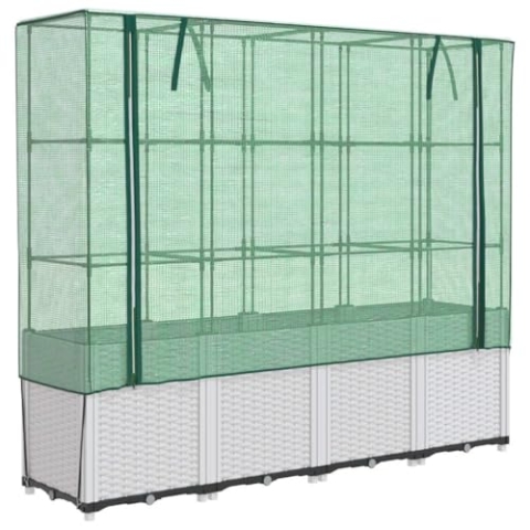 vidaXL Hochbeet mit Gewächshaus-Aufsatz, Pflanzbeet mit Eisenrohr-Rahmen, Gemüsebeet für Garten Terrasse Balkon, Pflanzkasten Frühbeet, Rattan-Optik