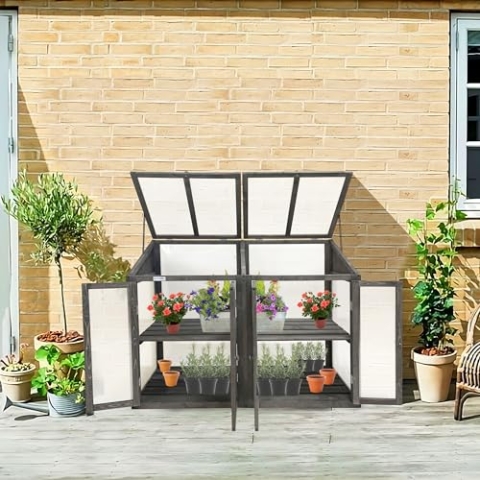 Lendo Online Gewächshaus - Frühbeet aus Holz - Greenhouse - Treibhaus - Frühbeetkasten mit Doppeltür - Pflanzenhaus - Aufzuchtschrank Fichtenholz Kiefernholz mit PC-Platten (Grau mit Doppeltür)