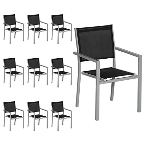 Happy Garden 10er Set Stühle aus grauem Aluminium - schwarzes Textilene