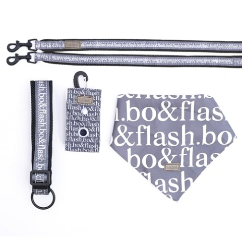 bo&flash 4-teiliges Hundeleinen Set Pittsburgh M Dark Grey – Verstellbare Hundeleine und Halstuch – Modisches Hundehalsband und Leine Set – Hochwertig, reflektierend und sicher