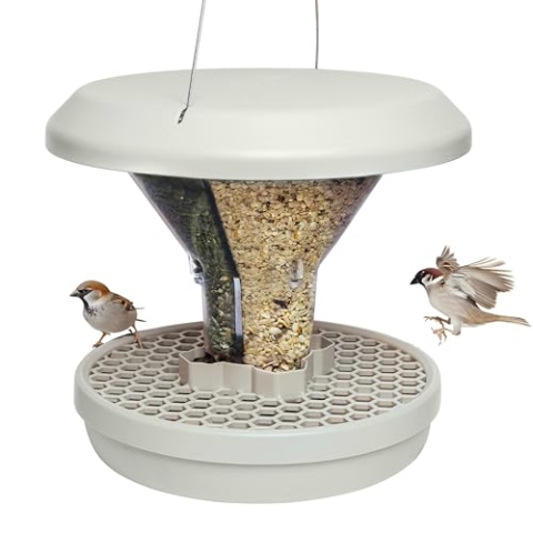 SWISSINNO Vogelfutterhaus zum Aufhängen – Davos SMART Birds - Vogelfutterspender mit Auffangschale - Futterstation für Vögel - Futtersilo Rattensicher - Vogelhaus für Garten & Balkon - Hellgrau