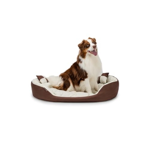 lionto Hundebett 4-in-1 mit Wendekissen aus robustem Oxford, 110x80 cm, Heimtierkissen Kratzfest mit tiefem Einstieg für Katzen und Hunde Aller Größen, inkl. Zierkissen, wasserabweisend, braun/beige
