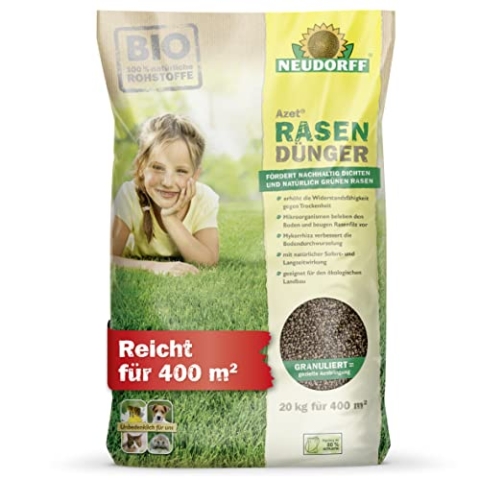 Neudorff Azet RasenDünger – Bio Rasendünger für 400 m² sorgt für eine dichte, grüne und strapazierfähige Rasenfläche mit 6 Monaten Langzeitwirkung, 20 kg, Braun