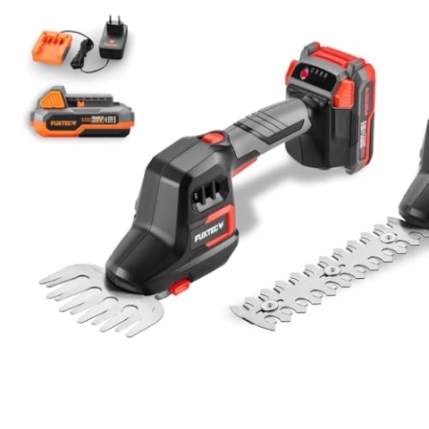 FUXTEC Akku Handheckenschere 20V FX-E1HHS20SET - 0,67Kg Gewicht, Schwertgröße von 20cm, Durchmesser von 10,5cm, max. Astdicke 7,8m, mit Akku, Rasen-Schneidaufsatz und Heckenscherenaufsatz