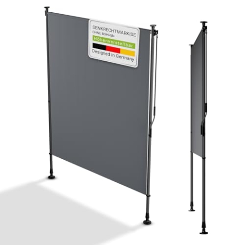 Juskys Senkrechtmarkise Barbados 150x310 cm - Balkon Sichtschutz wetterfest - Ausziehbare Seitenmarkise ohne Bohren für Garten und Balkon - Grau