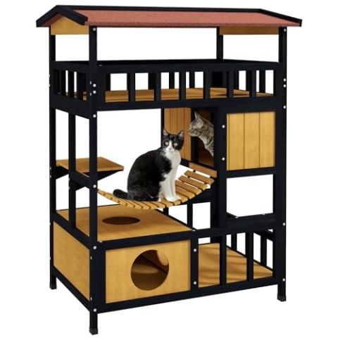 PawHut Katzenhaus aus Holz Katzenhöhle mit Plattformen, Hängebrück, Katzenhütte für bis zu 2 Katzen, Innen- und Außenbereich, Gelb
