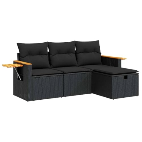 vidaXL 4-TLG. Garten-Sofagarnitur mit Kissen Schwarz Poly Rattan, Outdoor Sofa Set, Outdoor Sofagarnitur, Garten-Lounge-Set, Garten Sofagarnitur