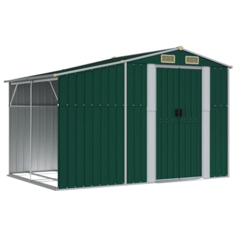 vidaXL Gerätehaus, Gartenhaus mit Schrägdach Griffe, Gartenschuppen Schuppen mit Stauraum, Geräteschuppen Metallschuppen, Grün 277x192,5x179 cm Verzinkter Stahl