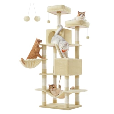 Feandrea Kratzbaum groß, 168 cm hoch, L Katzenbaum, mit 13 Kratzsäulen, 2 Plattformen, 2 Höhlen, Korb, Hängematte, Plüschbälle, mehrstöckiger Katzenkratzbaum, beige PCT165M01