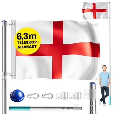 MONZANA® Aluminium Teleskop Fahnenmast 6,30m Bodenhülse 60cm inkl. England UK Vereinigtes Königreich Flagge Englandfahne Fahne Flaggenmast Mast Alu