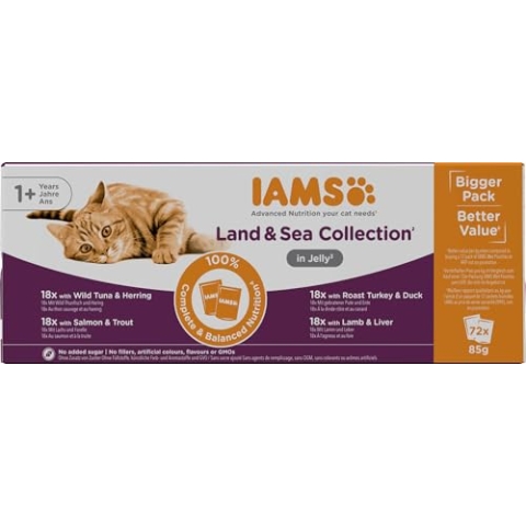 IAMS Delights Land & Sea Collection Katzenfutter Nass - Multipack mit Fleisch und Fisch Sorten in Gelee, Nassfutter für Katzen ab 1 Jahr, 72 x 85 g