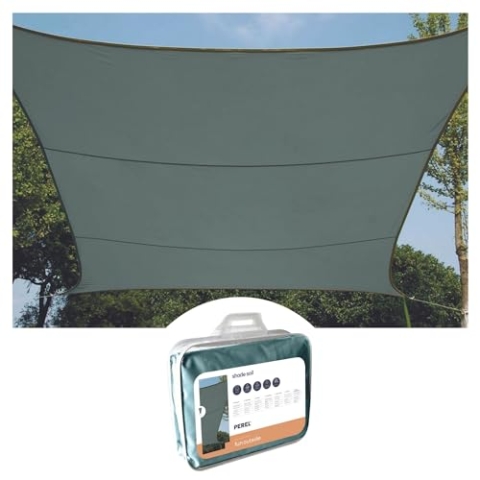 Perel Sonnensegel, Segel Sonnenschutz für Terrasse und Pool, wasserabweisend, UV-Schutz, 4 Edelstahl-O-Ringe, 3.6 x 3.6 m, 160 g/m², Polyester, quadratisch, grüngrau