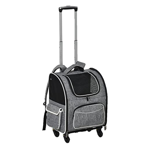 PawHut Hundetrolley Transporttasche Trolley für Hund und Katzen 2-in-1 Haustierrucksack Hundetasche mit Tür und Fenster atmungsaktiv Oxfordstoff Grau 43 x 33 x 51,5 cm