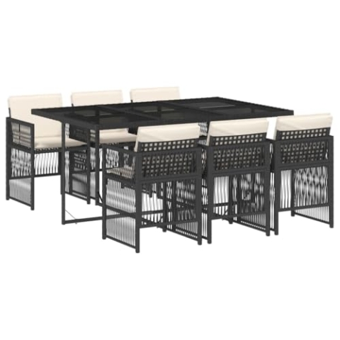 vidaXL Garten Essgruppe 7-TLG., Gartenmöbel Set Tisch mit Glasplatte 6 Stühle, Gartengarnitur mit Kissen, Sitzgruppe Terrasse, Schwarz Poly Rattan