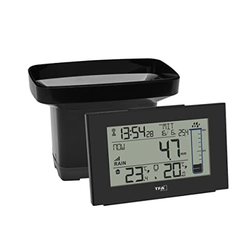 TFA Dostmann Digitaler Funk-Regenmesser Splash, 47.3006.01, für Garten, Niederschlagsmesser, kabellos, mit Selbstentleerung, schwarz