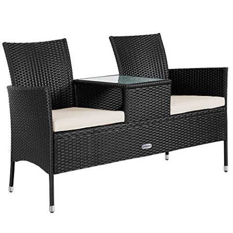 Casaria® Gartenbank Sitzbank inkl. Auflagen Wetterfest Polyrattan 320kg Belastbar Tisch Ablage UV-beständig Garten Balkon Bank 2-Sitzer 143x55cm Schwarz