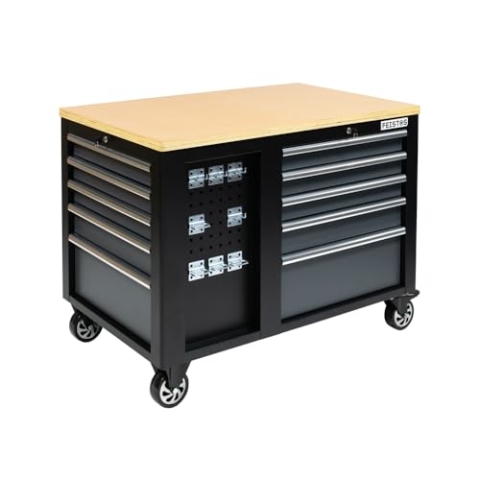 FEISTOS Werkbank Hektor | Mobile Werkbank mit zentralverriegelten Schubladen | Werkzeugwagen mit 500 kg Traglast | Multiplex Arbeitsplatte | Schwarz | 114x73x89 cm