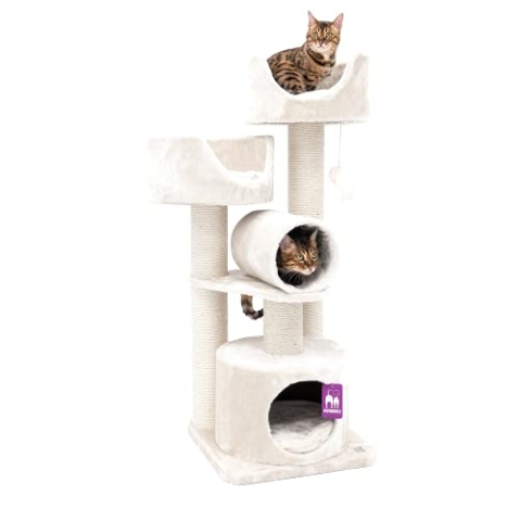 Petrebels Premium Qualität Kratzbaum Victoria 125 cm hoch, Design Kratzbaum mit Liegefläche, Spielrolle, Höhle und Dicke Stämme Ø 12 cm, Farbe Beige/Creme