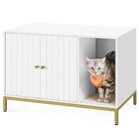 Feandrea Katzenklo-Schrank, Katzenhaus, Katzentoilette, mit Kratzmatte, hohe Beine, für Katzen, Beistelltisch, 80 x 50 x 55 cm, weiß-goldfarben PCL007W01