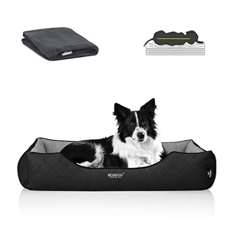 BedDog Premium Orthopädisches Hundebett WUFFI, Hundesofa aus Kunstleder, Abnehmbarer Bezug, Kuschel-Decke Zugabe - The-Rock (schwarz/grau)