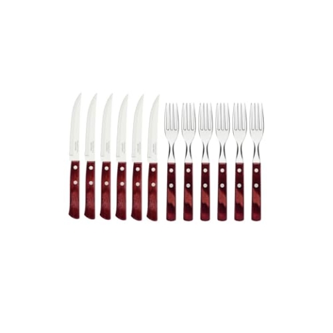 Tramontina Steakbesteck Pizzabesteck, 12-teiliges Set, für 6 Personen, Steakbesteckset, rostfreier Edelstahl, FSC zertifizierter Echtholzgriff, spülmaschinenfest, Rot