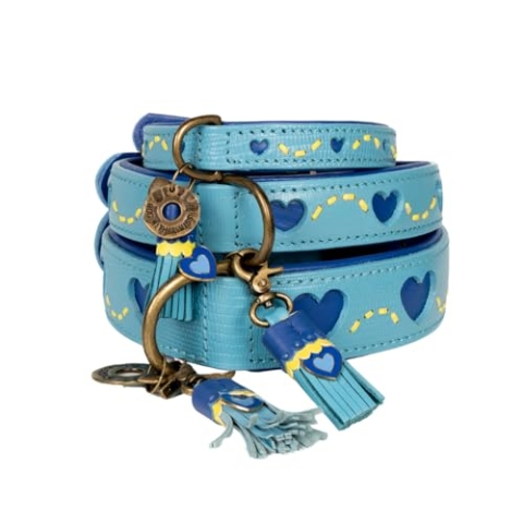 Dog with a Mission - Hundehalsband XL | Sky | Blau mit Herzen | Boho und Hippie | Ideal für große Hunde | Handgemacht | Modisch und Bunt | Aus weichem Echtes Leder | 4 cm Breit
