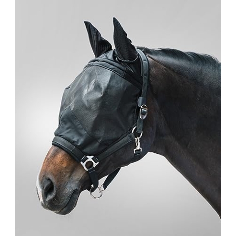 Waldhausen Fliegenmaske Premium mit Halfter, mit Ohrenschutz, schwarz, Pony