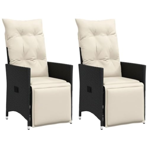 vidaXL Gartensessel mit Kissen 2 STK., Verstellbar Gartenstuhl mit Stahlrahmen, Loungesessel für Außenbereich, Relaxsessel Sthulset, Schwarz Poly Rattan