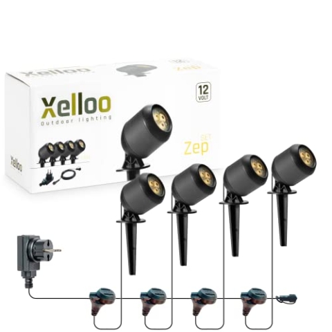 Xelloo Gartenleuchten Set ZEP, 12 Volt, 4 Stück Aluminium/PVC Designarmaturen 1,6W LED warmweiß mit Erdspieß, wasserdicht (IP44) und mit praktischem Schiebeanschluss, einfach selbst installieren