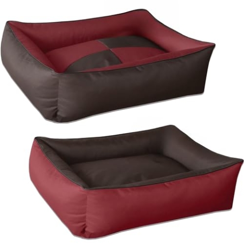 BedDog 2in1 Hundebett MAX Quattro, großes Hundekörbchen aus Cordura, waschbares Hundebett mit Rand, Hundesofa für drinnen, draußen, M, Sultan, braun-rot