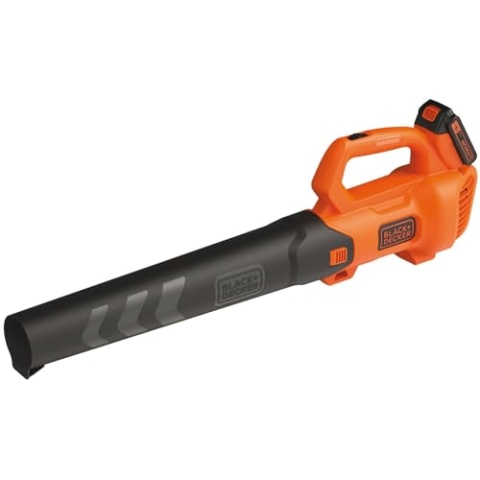 Black+Decker Axial Akku-Laubbläser BCBL200L (18V, 2.0Ah, hohe Blasgeschwindigkeit von 145 km/h, Luftvolumen 577 m³/h, integrierter Laubkratzer, für Terrassen, Wege, Gärten, inkl. Akku & Ladegerät)