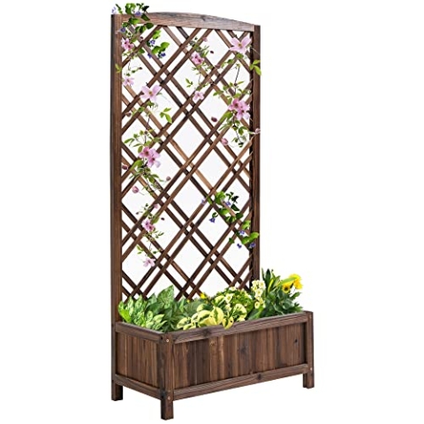 Outsunny Hochbeet Blumenständer Garten Pflanzkasten mit Rankgitter Holz Rankkasten Braun 60 x 30 x 122,5 cm